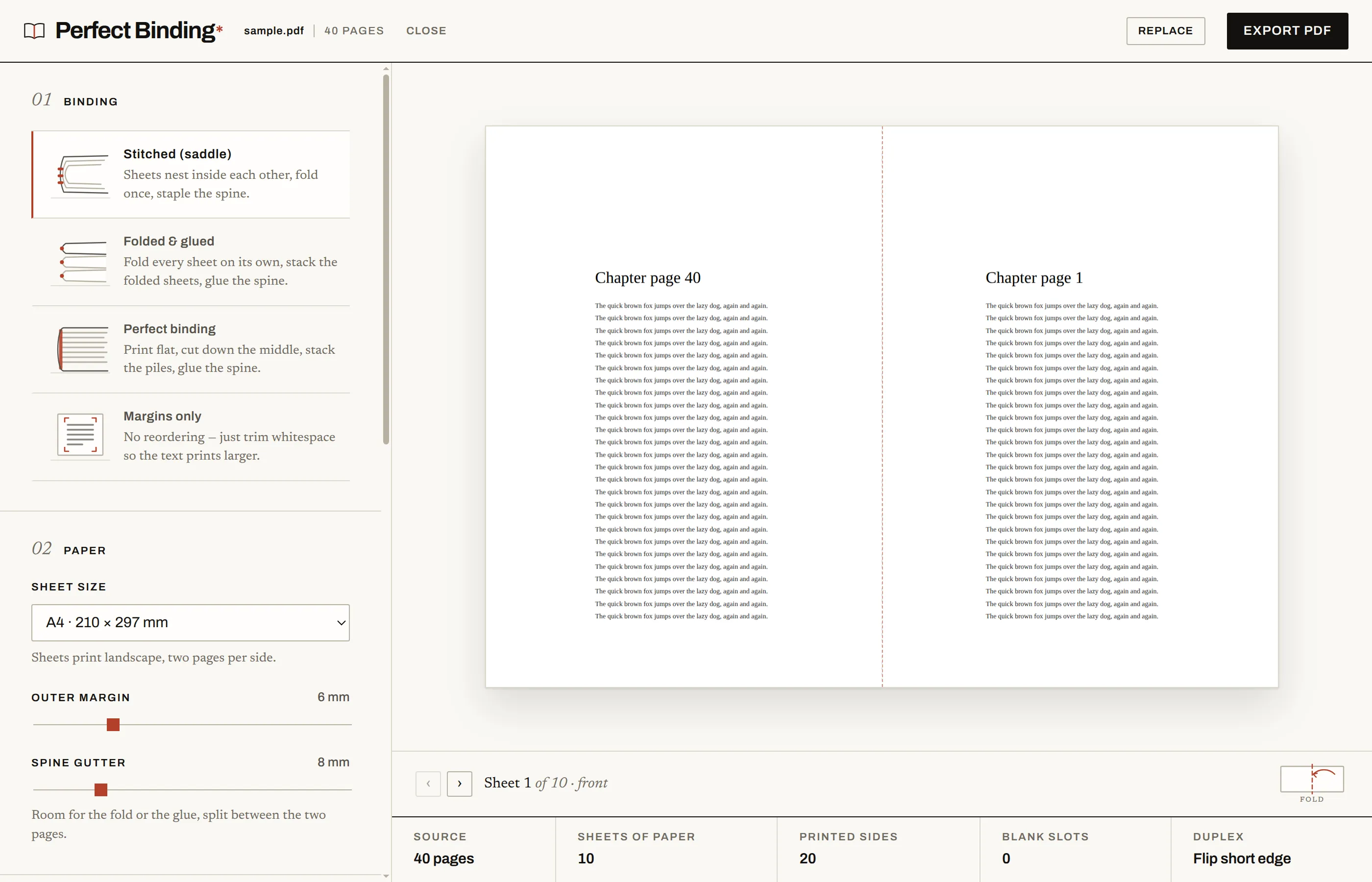 The working view: binding cards, paper controls, and the sheet-by-sheet proof