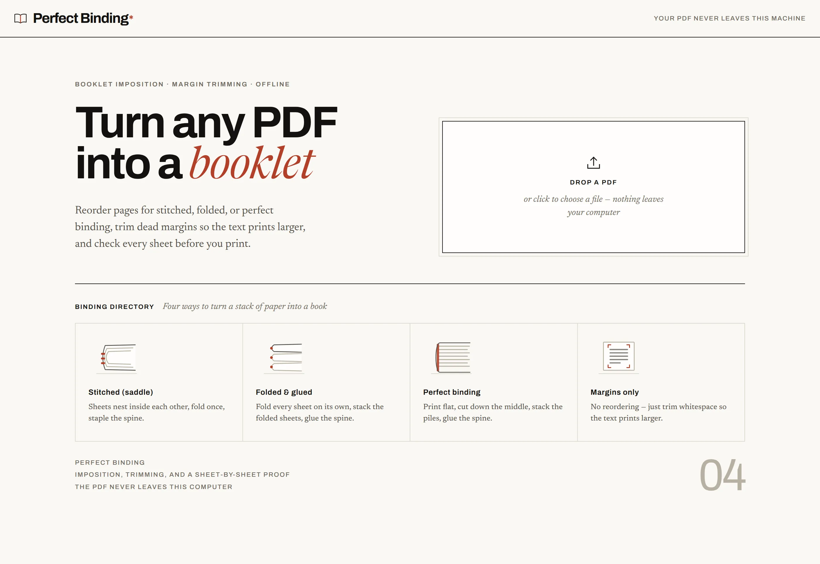Perfect Binding landing view: drop a PDF, or read the binding directory first