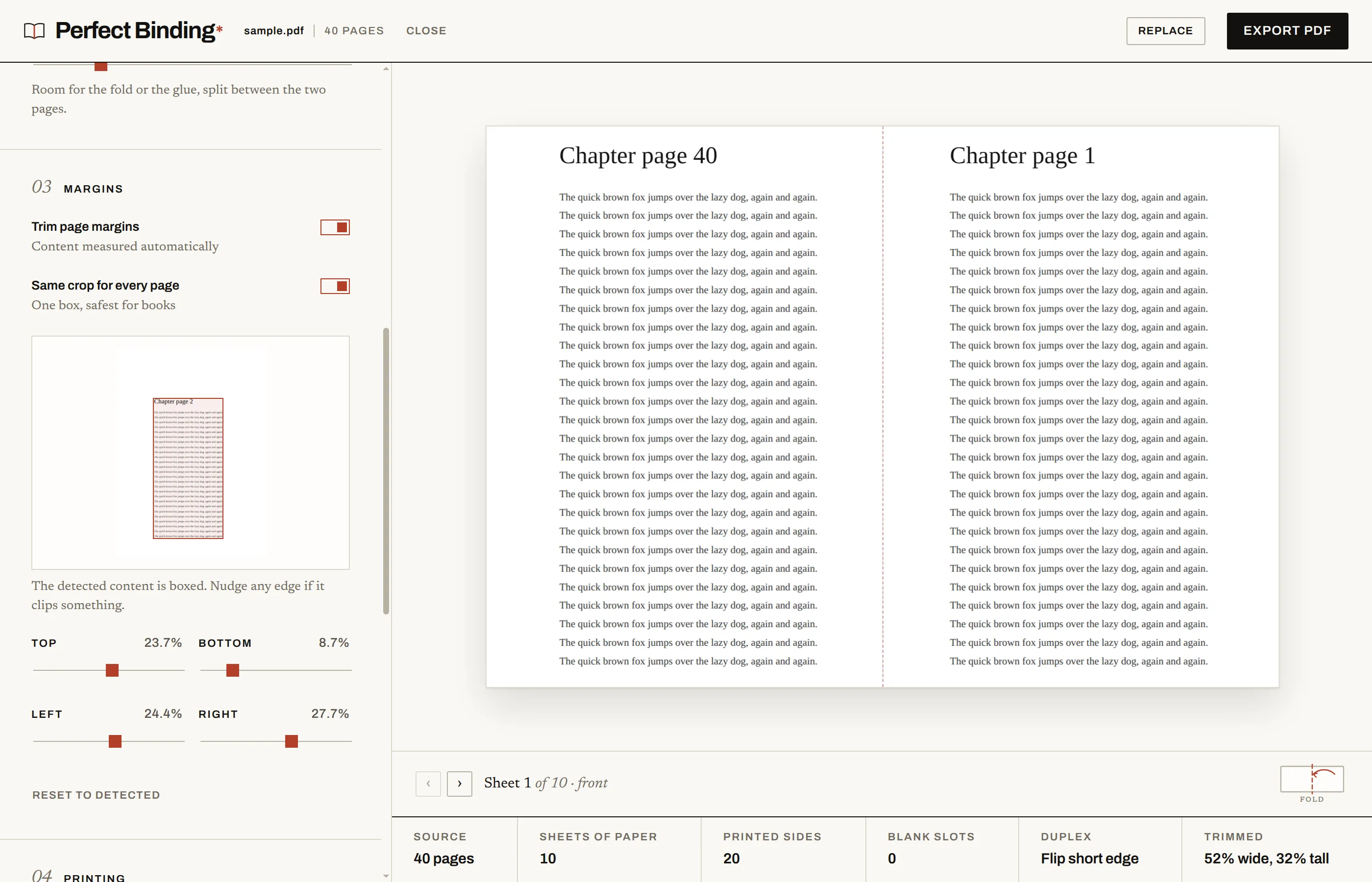 The margins panel with the detected content box and the four edge nudges