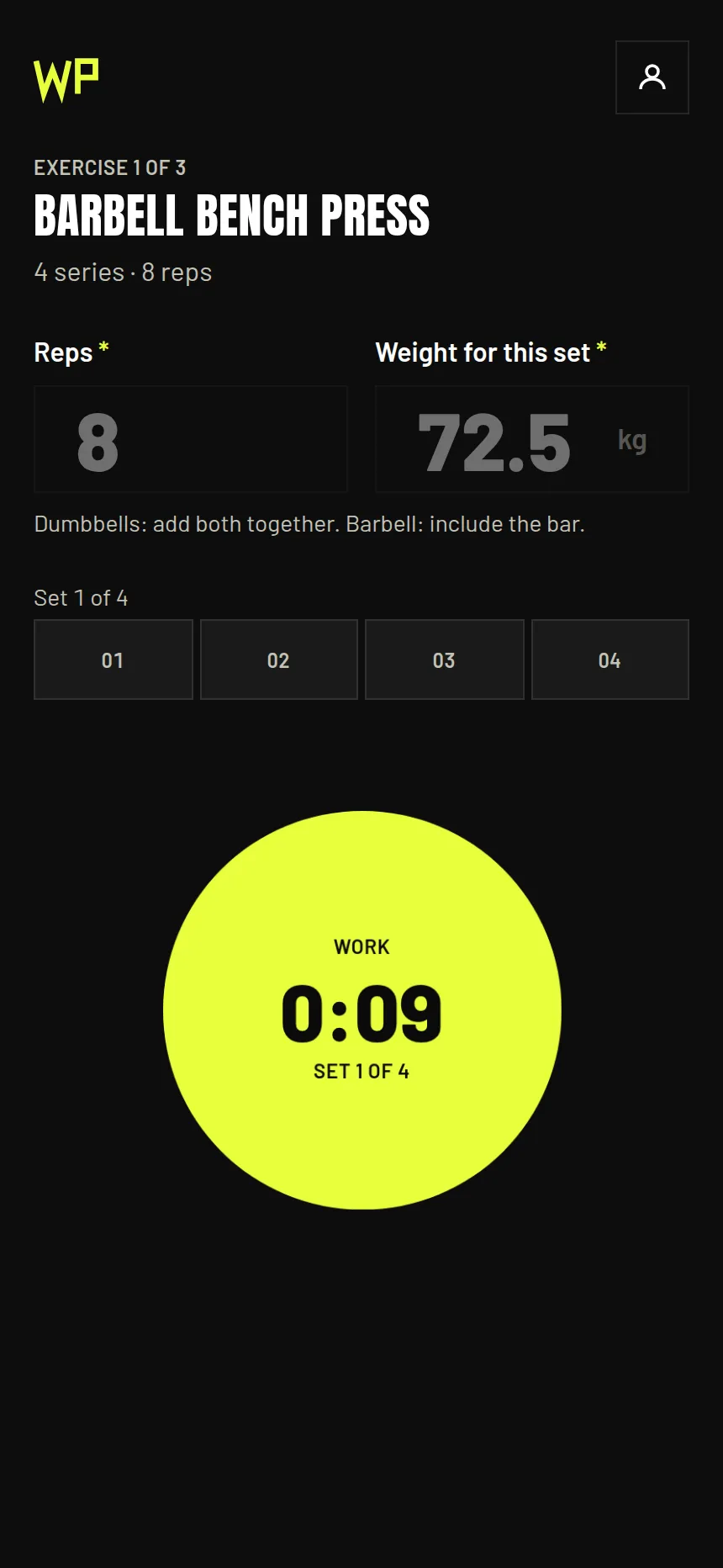 Workout mode mid-set: the stopwatch filled solid while the clock runs
